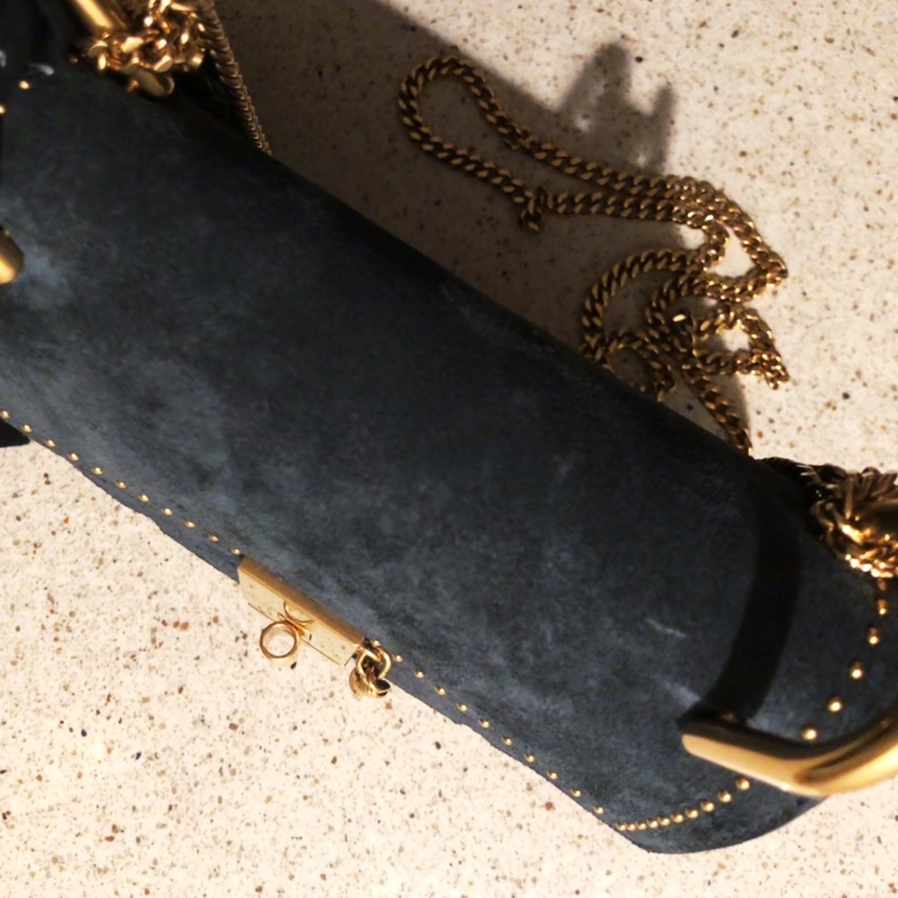 CHLOÉ Full Moon Blue Suede Gold Chain Studded Faye Drew Crossbody Shoulder Bag - Picture 5 of 8